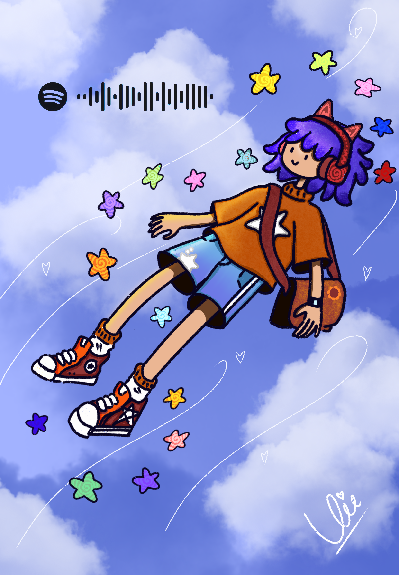 Cloud 9: a character with headphones floating among colorful stars and blue clouds