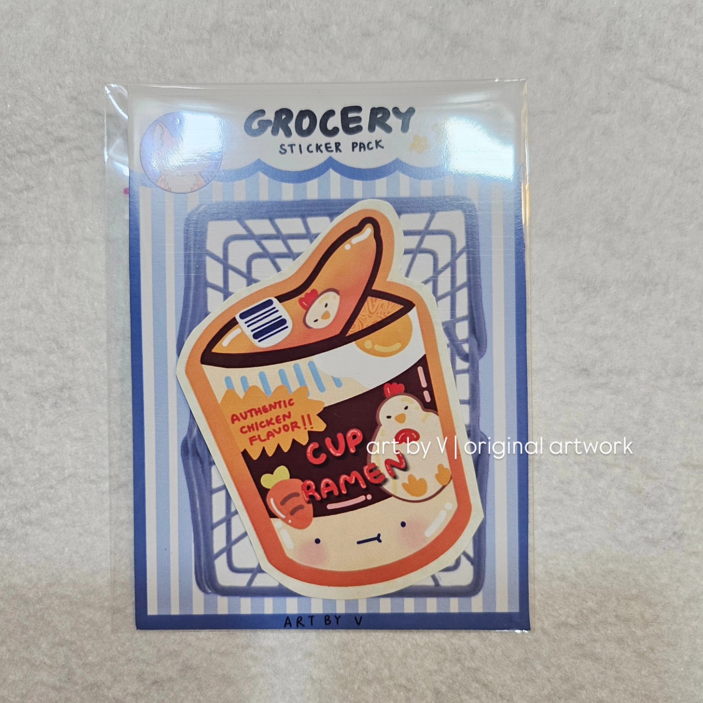 Cup noodles sticker in grocery-themed packaging