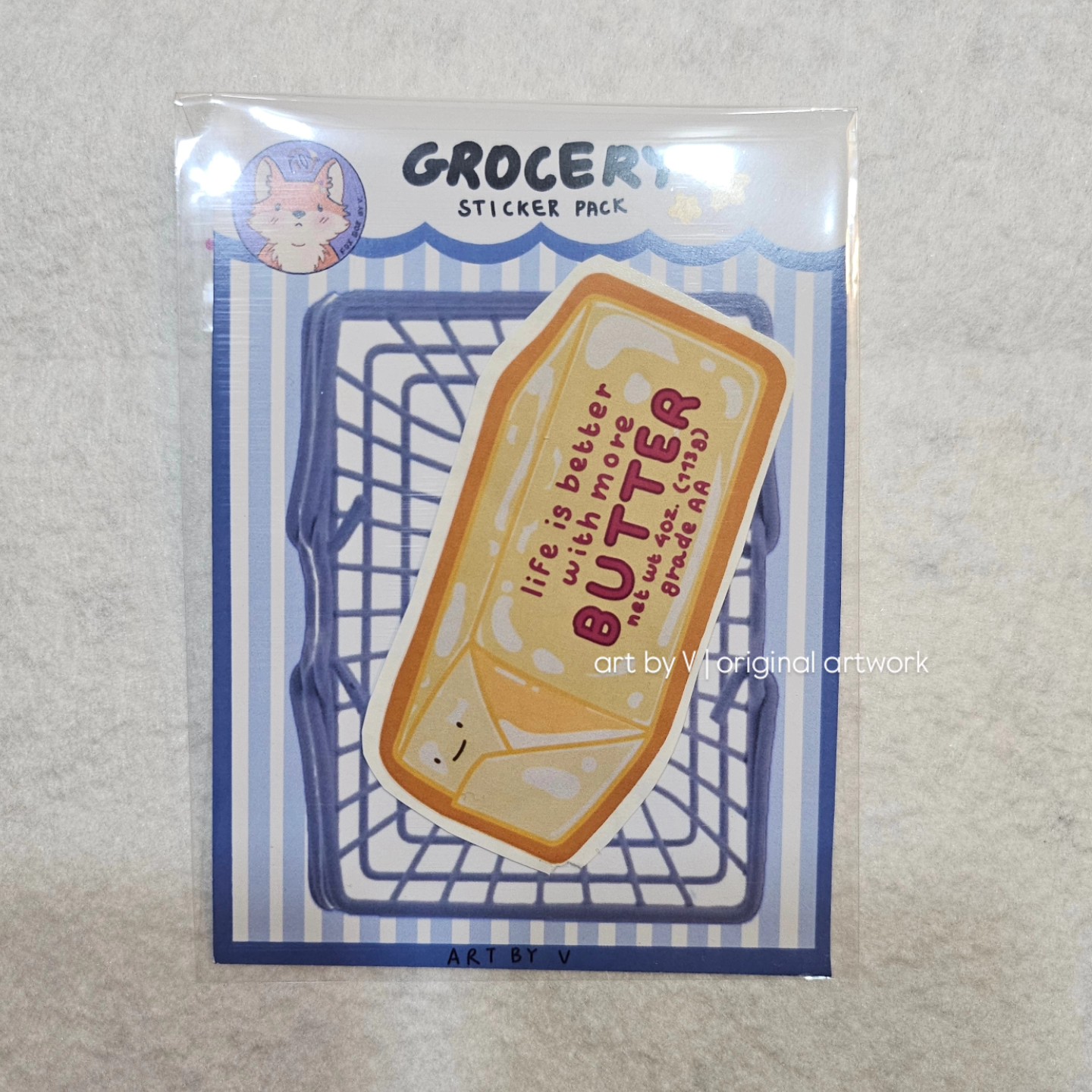 Butter sticker in grocery-themed packaging