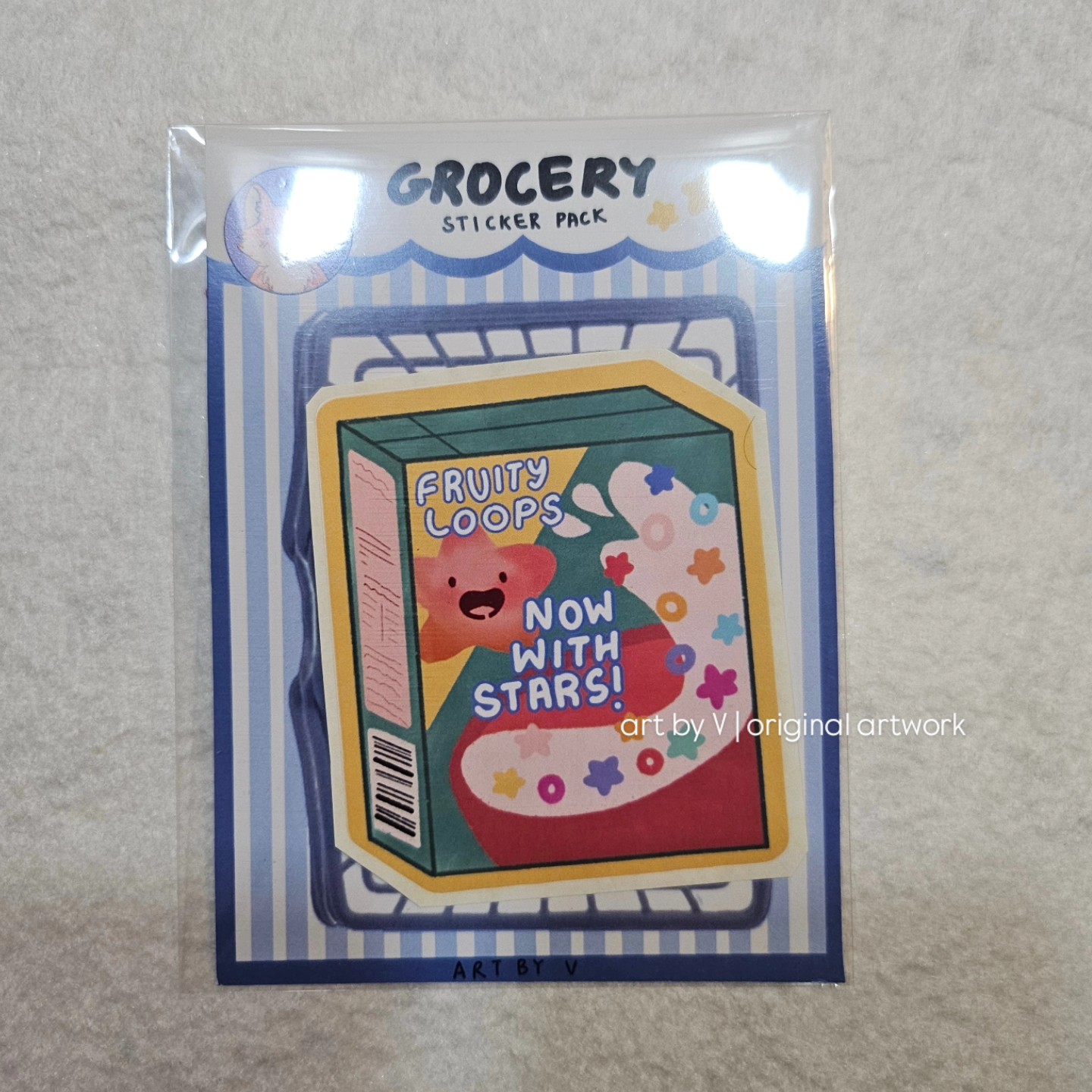 Cereal box sticker in grocery-themed packaging