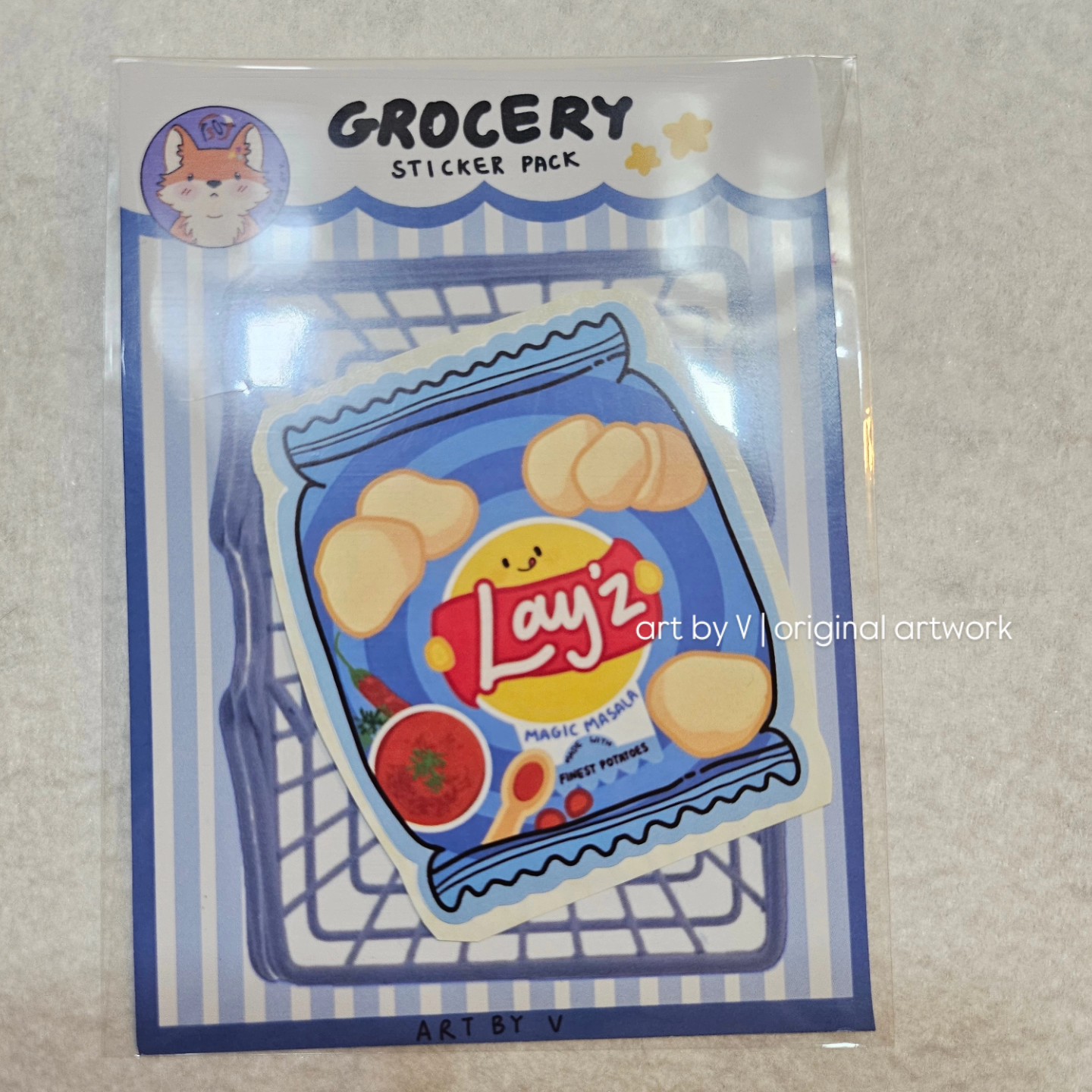 Potato chips bag sticker in grocery-themed packaging