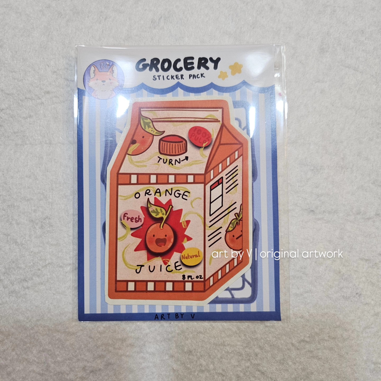 Orange juice carton sticker in grocery-themed packaging