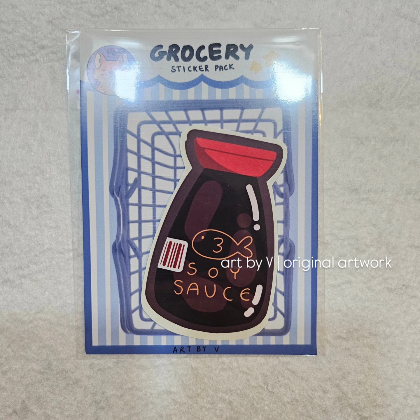 Soy sauce bottle sticker in grocery-themed packaging
