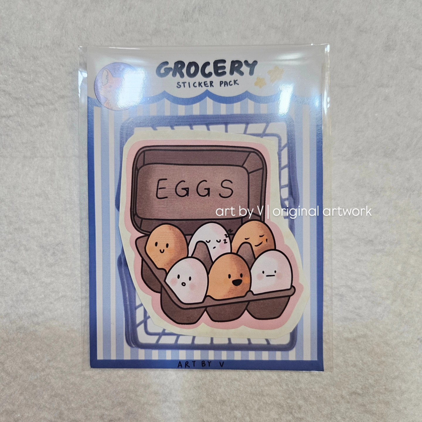 Egg carton sticker in grocery-themed packaging