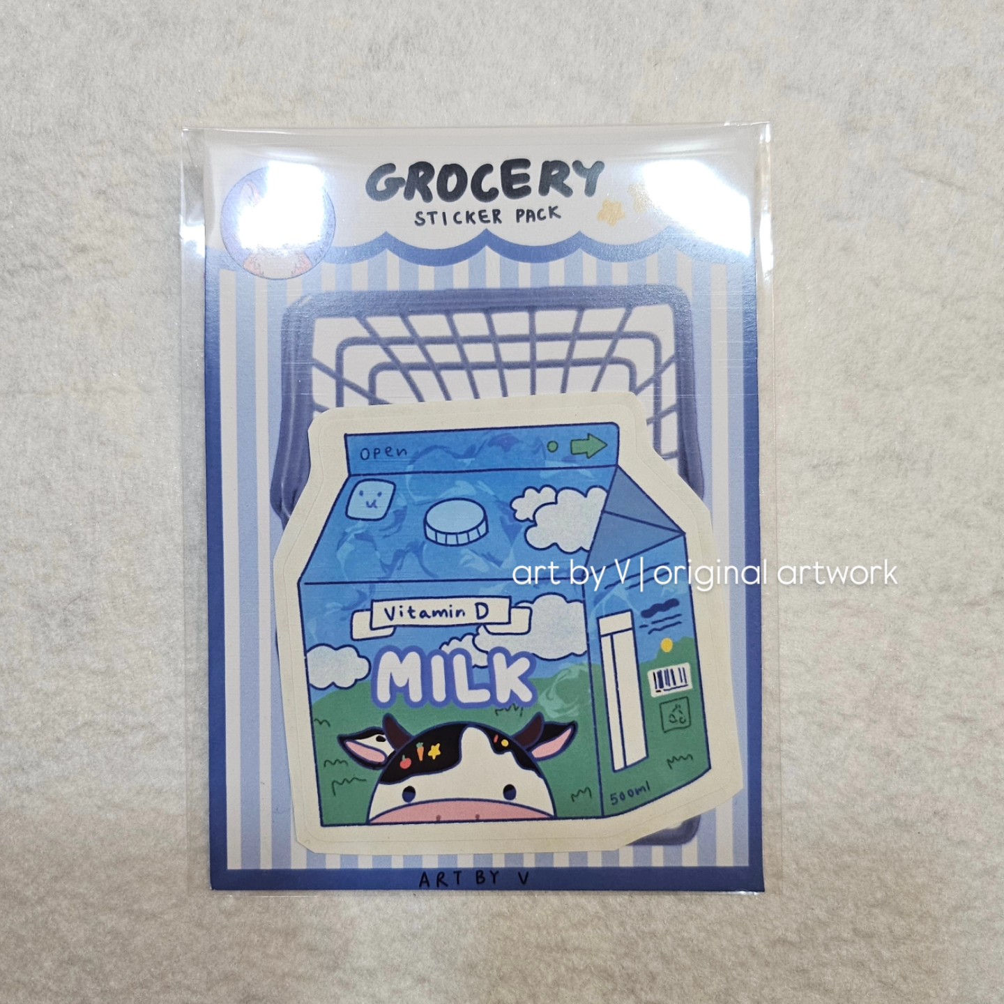 Milk carton sticker in grocery-themed packaging