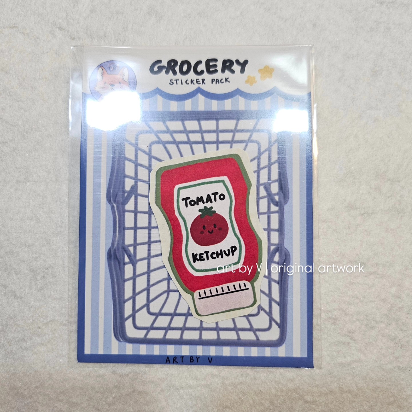 Tomato ketchup bottle sticker in grocery-themed packaging